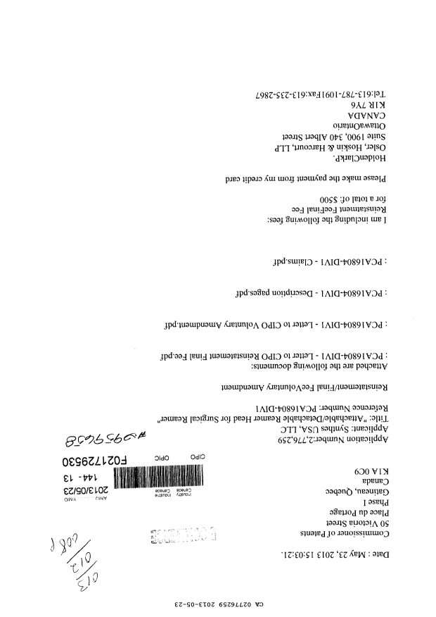 Canadian Patent Document 2776259. Correspondence 20130523. Image 1 of 4