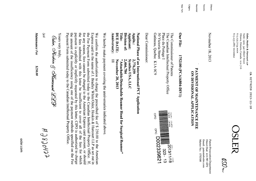 Document de brevet canadien 2776259. Taxes 20131118. Image 1 de 1