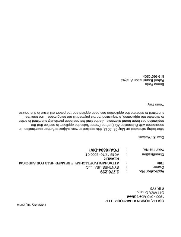 Canadian Patent Document 2776259. Correspondence 20140210. Image 1 of 1