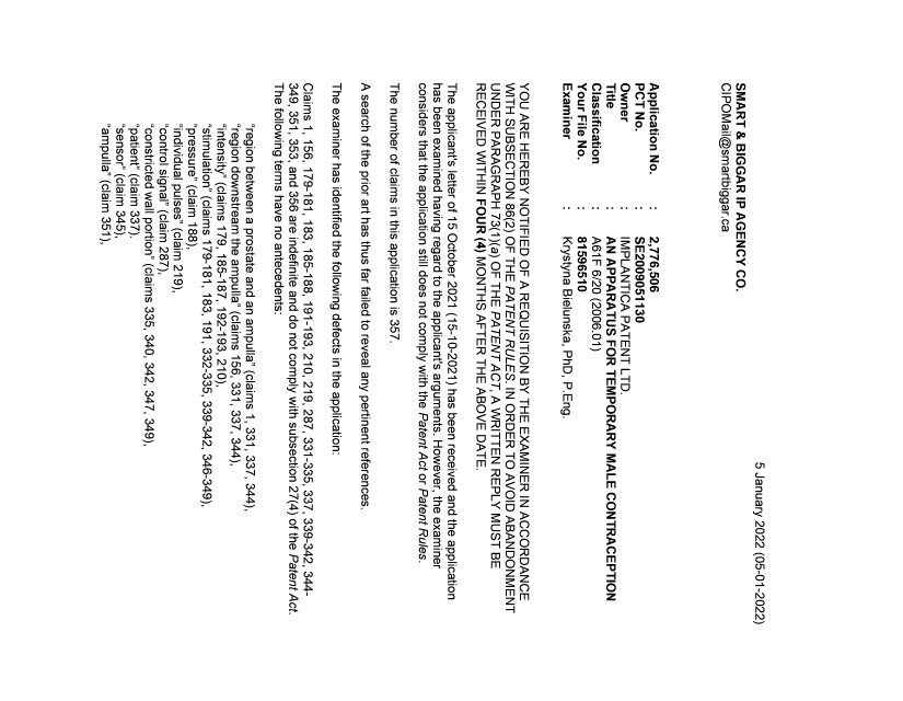 Document de brevet canadien 2776506. Demande d'examen 20220105. Image 1 de 4