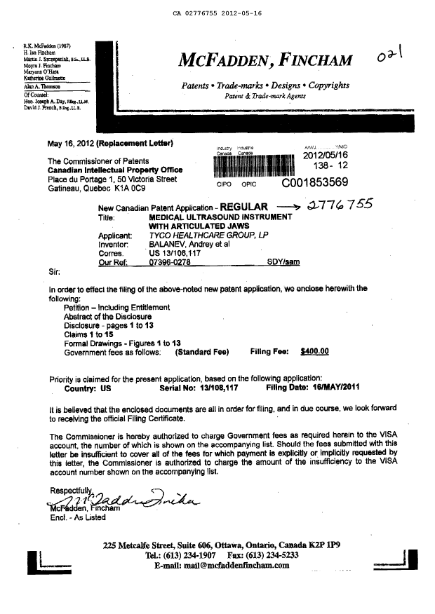 Document de brevet canadien 2776755. Correspondance 20120516. Image 1 de 3