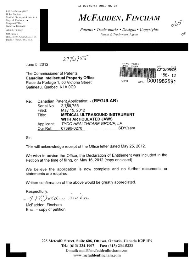 Document de brevet canadien 2776755. Correspondance 20120605. Image 1 de 3