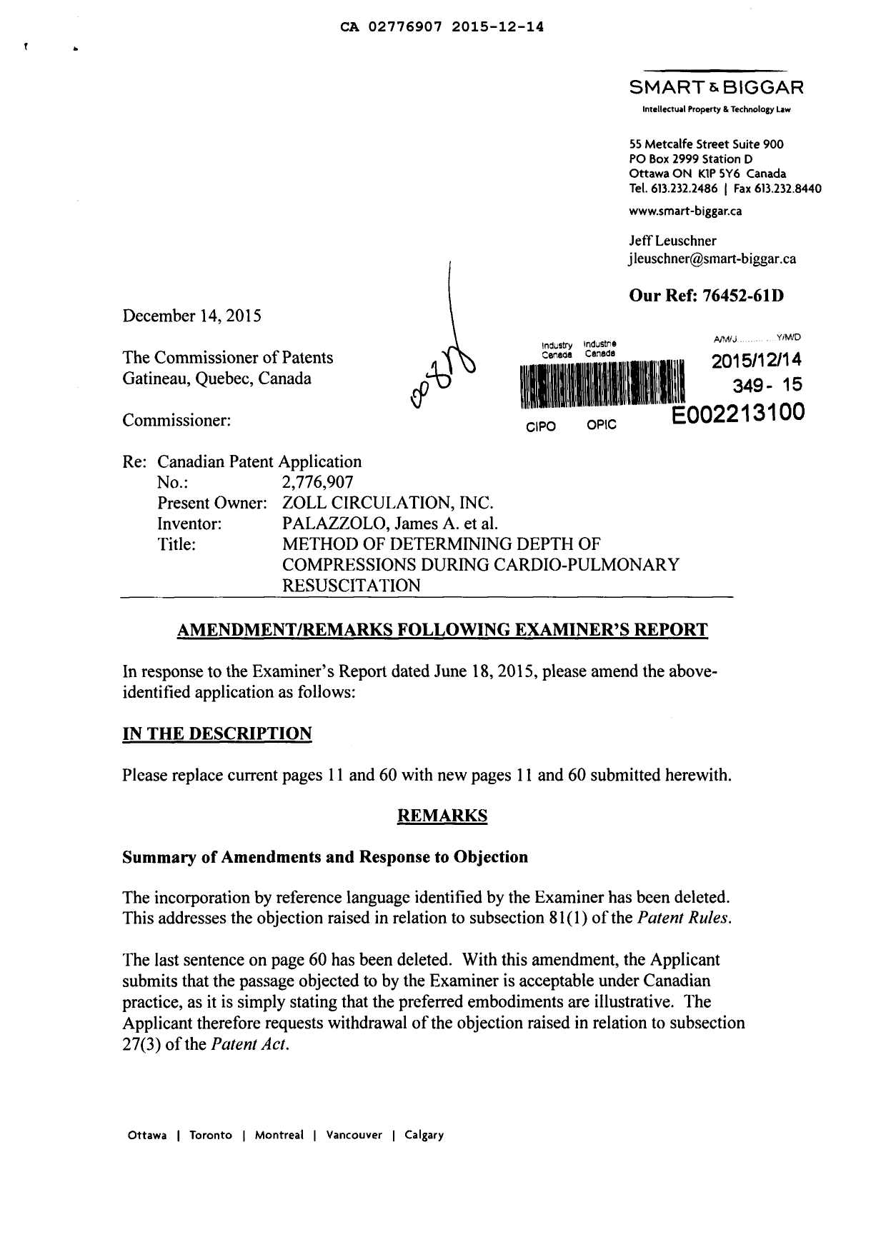 Document de brevet canadien 2776907. Modification 20151214. Image 1 de 4