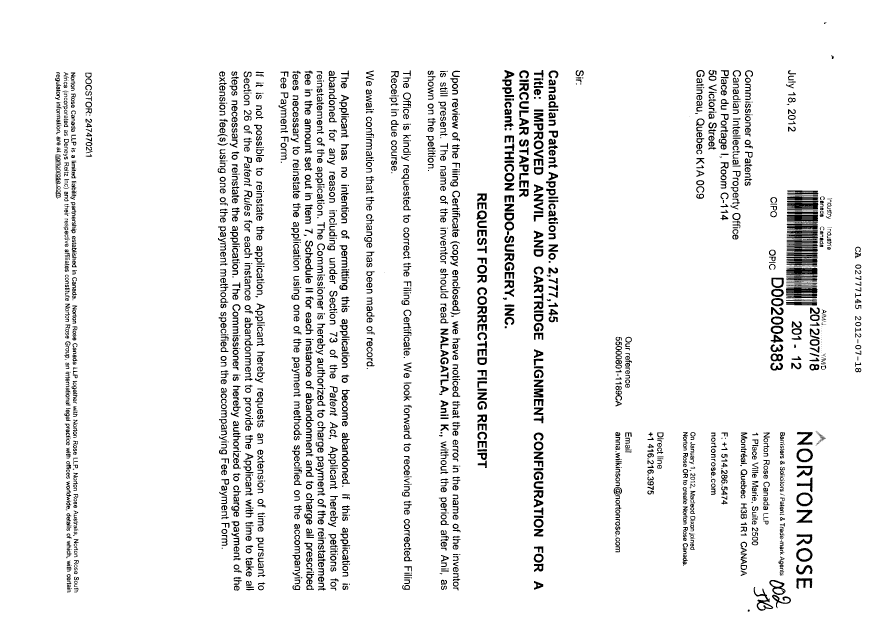 Document de brevet canadien 2777145. Correspondance 20120718. Image 1 de 4
