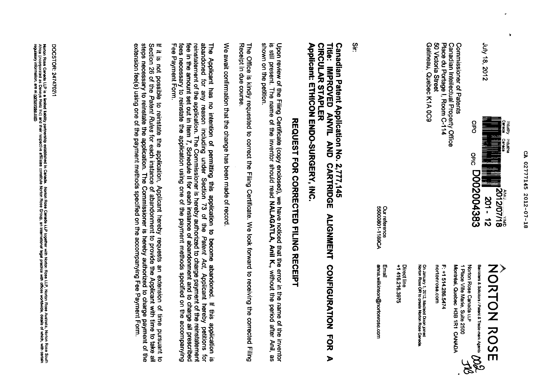 Canadian Patent Document 2777145. Correspondence 20120718. Image 1 of 4