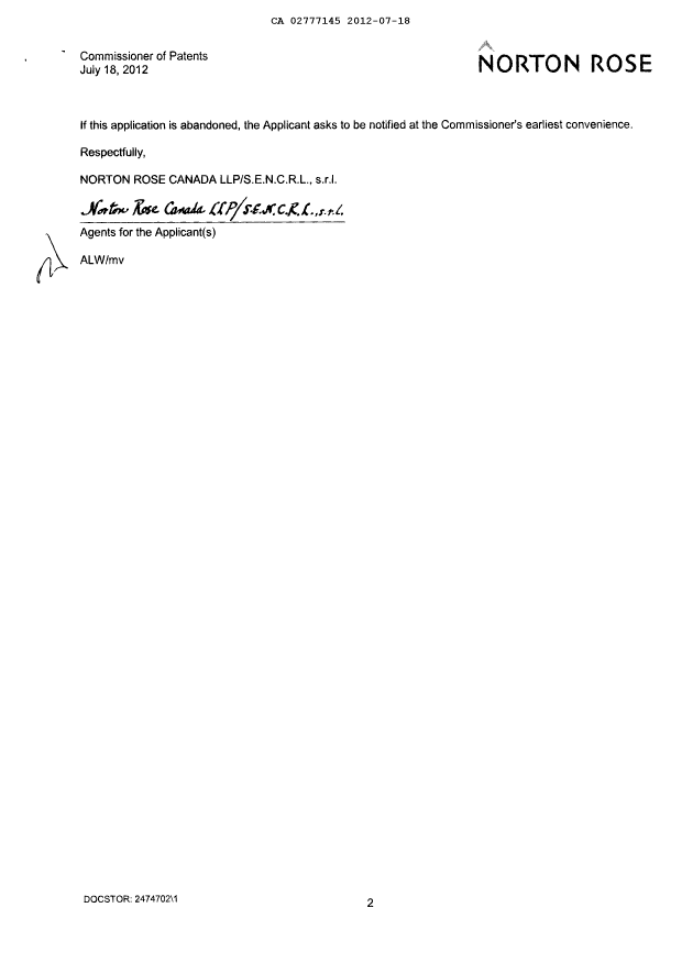 Document de brevet canadien 2777145. Correspondance 20120718. Image 2 de 4