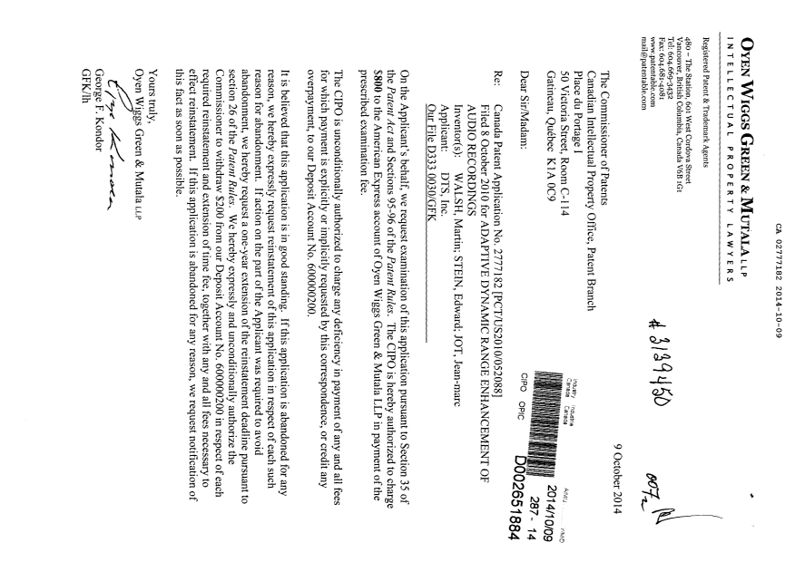 Document de brevet canadien 2777182. Poursuite-Amendment 20141009. Image 1 de 1