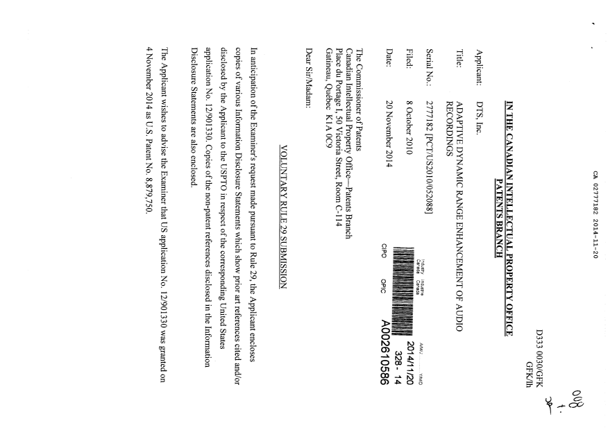 Document de brevet canadien 2777182. Poursuite-Amendment 20141120. Image 1 de 2