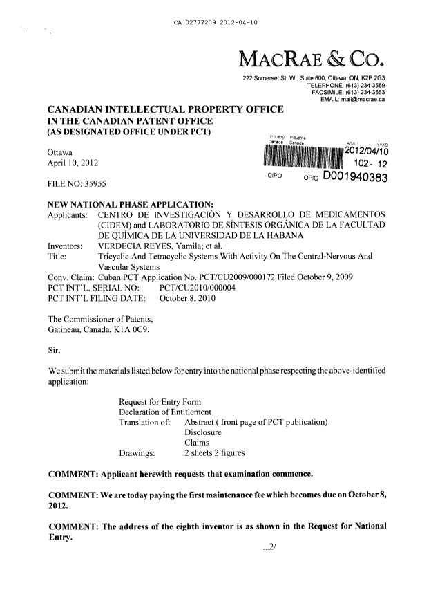Canadian Patent Document 2777209. Assignment 20120410. Image 1 of 6