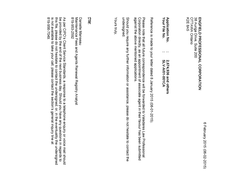 Document de brevet canadien 2777387. Correspondance 20141206. Image 1 de 2