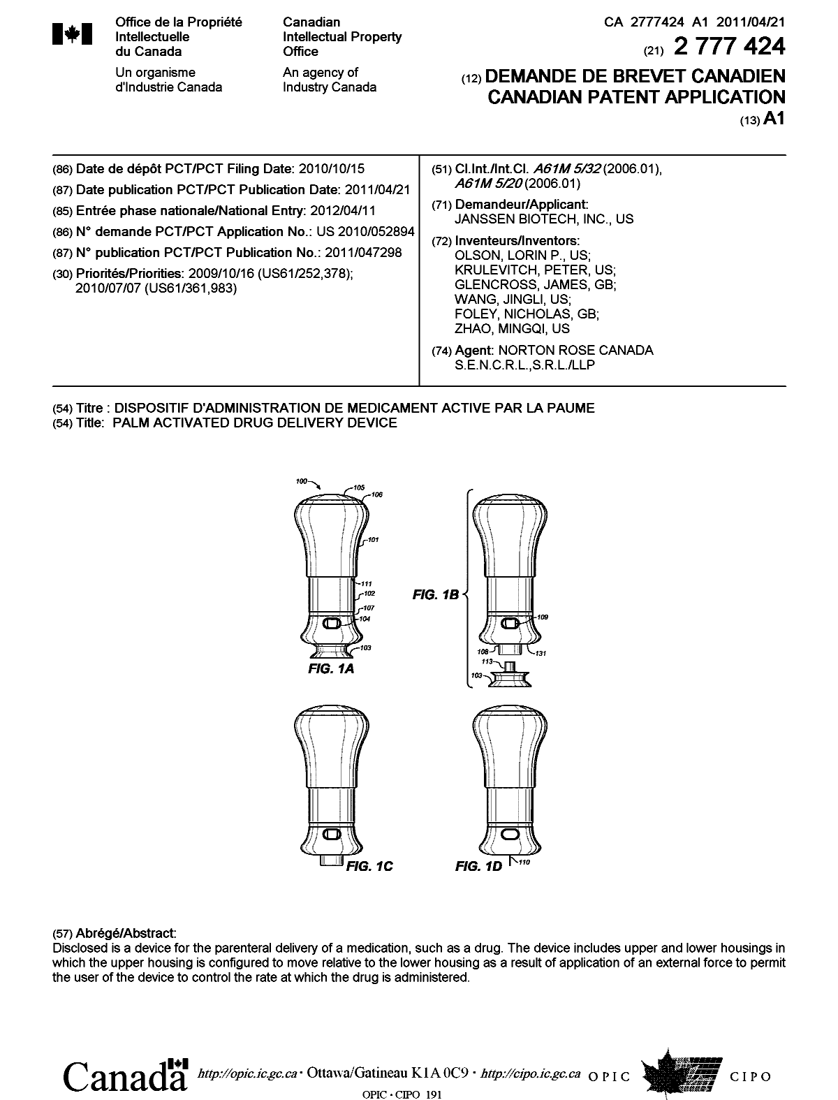 Canadian Patent Document 2777424. Cover Page 20120629. Image 1 of 1