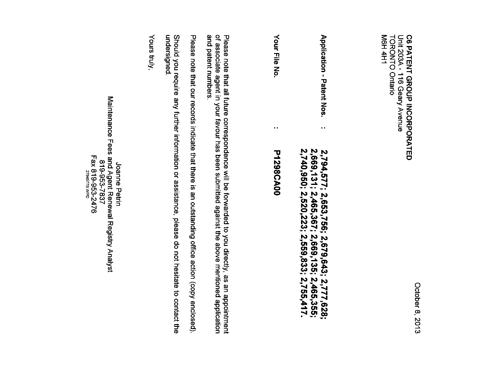 Canadian Patent Document 2777628. Correspondence 20131008. Image 1 of 1