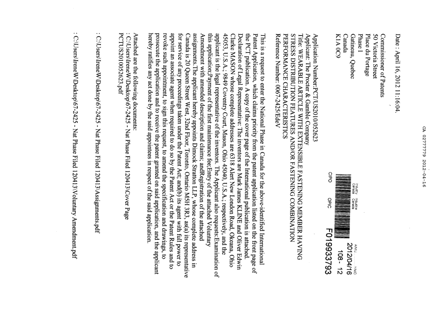 Document de brevet canadien 2777779. Cession 20120416. Image 1 de 9