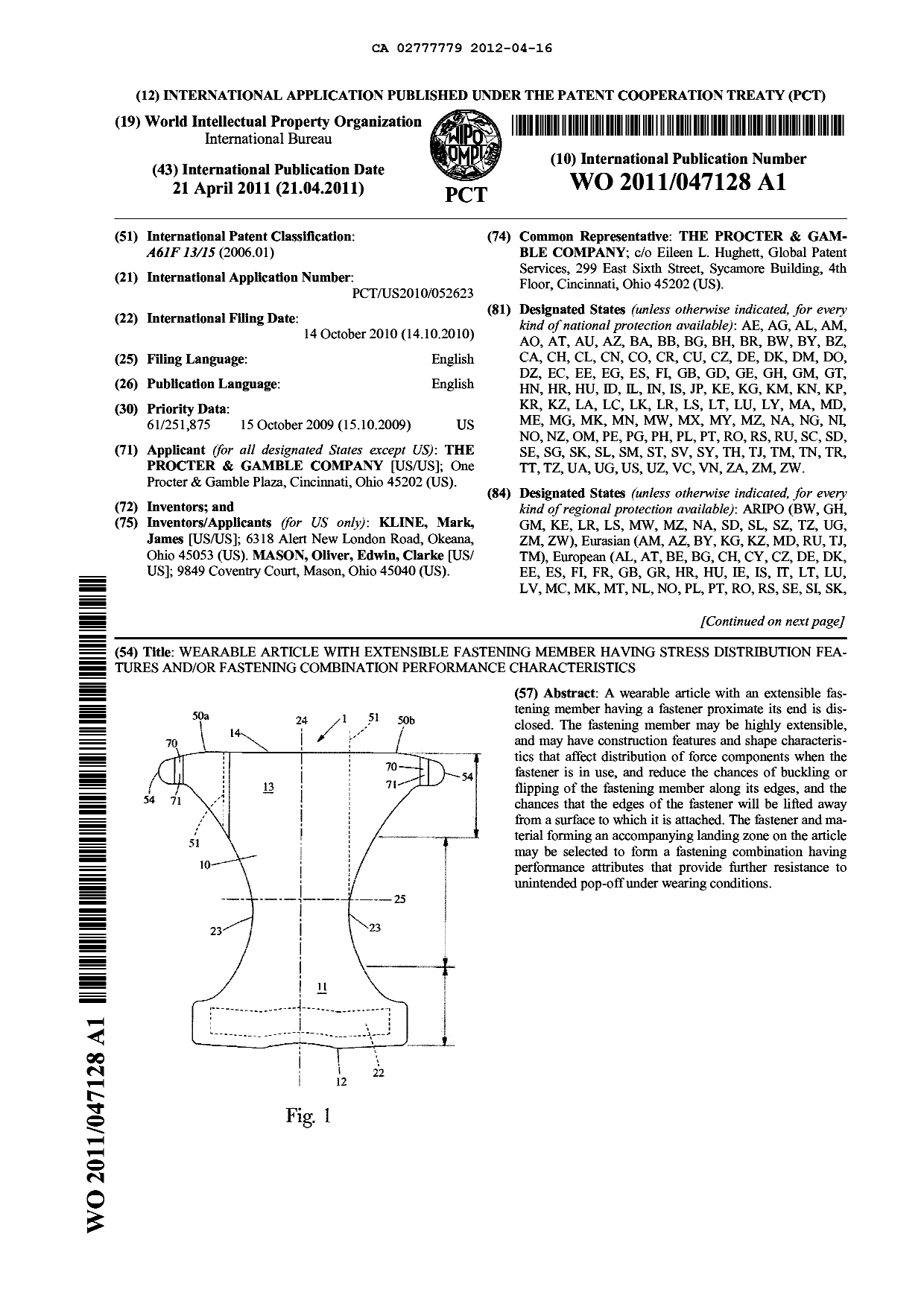 Document de brevet canadien 2777779. Abrégé 20120416. Image 1 de 2