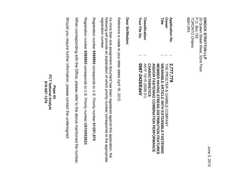 Document de brevet canadien 2777779. Correspondance 20120605. Image 1 de 1