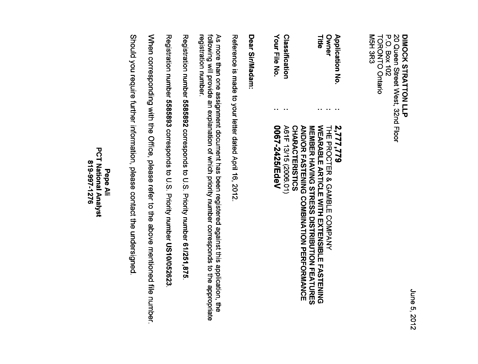 Canadian Patent Document 2777779. Correspondence 20120605. Image 1 of 1
