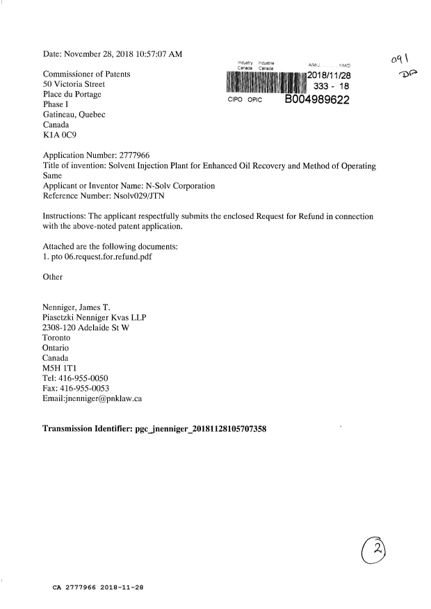 Document de brevet canadien 2777966. Remboursement 20181128. Image 1 de 2