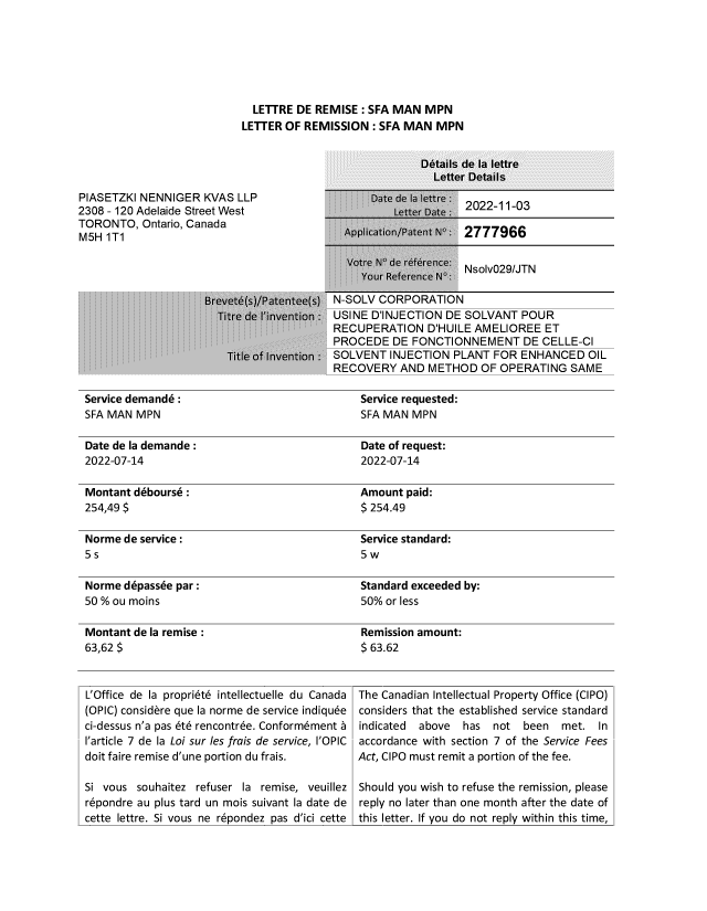 Document de brevet canadien 2777966. Lettre de remise 20221103. Image 1 de 2