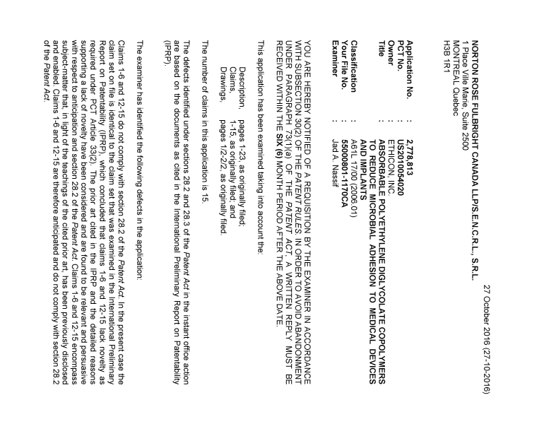 Document de brevet canadien 2778813. Demande d'examen 20161027. Image 1 de 4