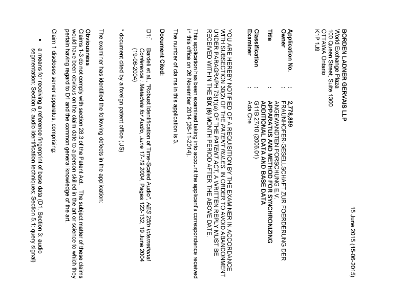 Document de brevet canadien 2778889. Demande d'examen 20150615. Image 1 de 4