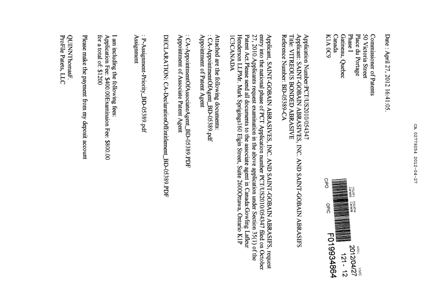Document de brevet canadien 2779254. Cession 20120427. Image 1 de 13