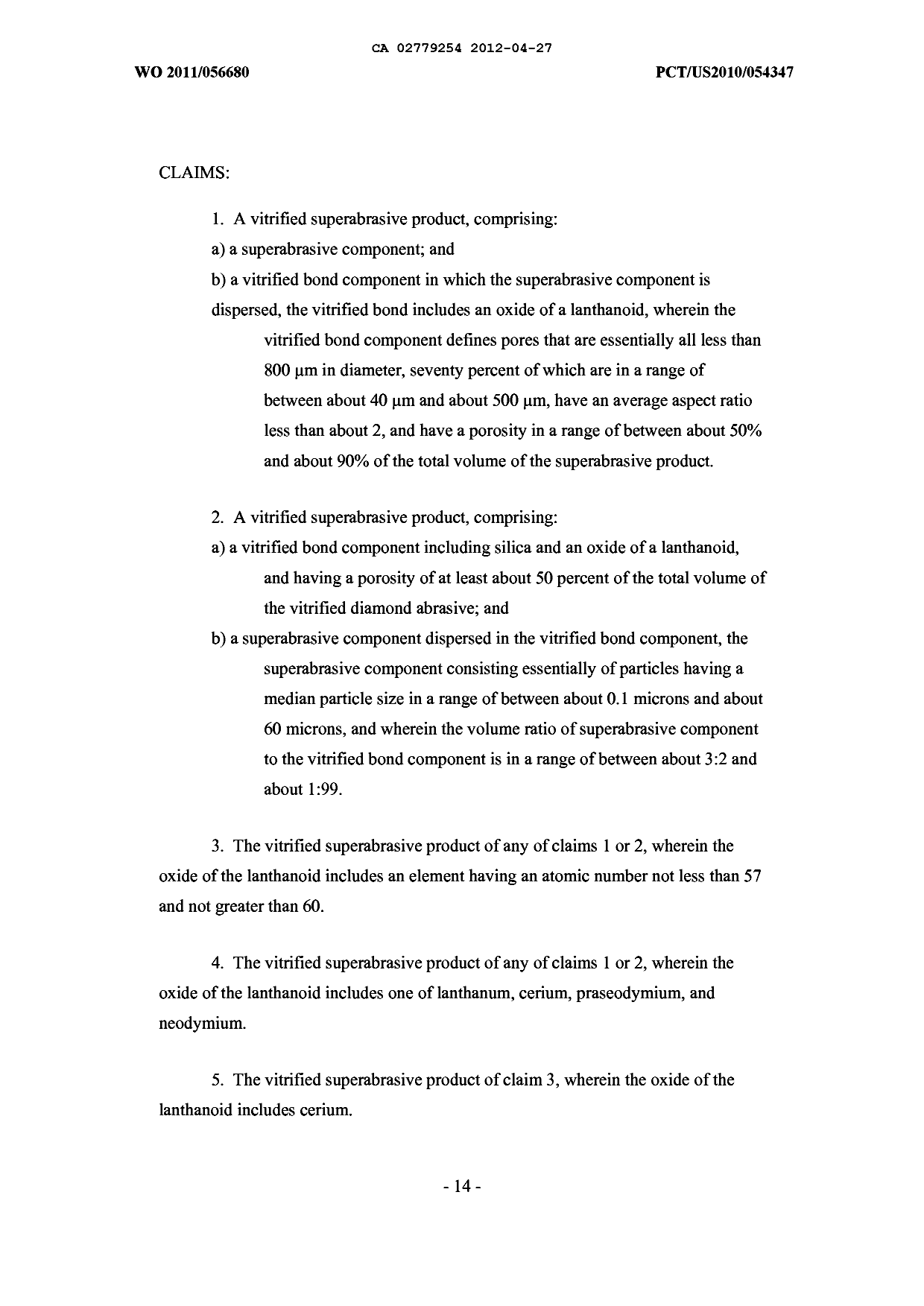 Document de brevet canadien 2779254. Revendications 20120427. Image 1 de 10