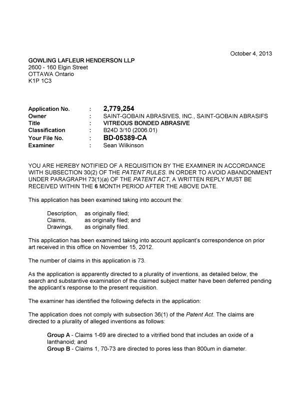Canadian Patent Document 2779254. Prosecution-Amendment 20131004. Image 1 of 2