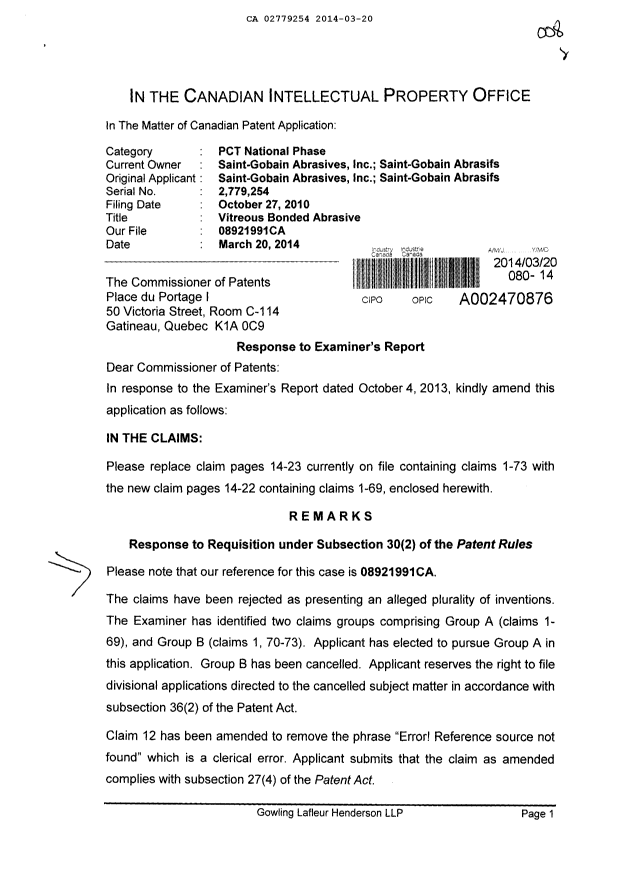Canadian Patent Document 2779254. Prosecution-Amendment 20140320. Image 1 of 11