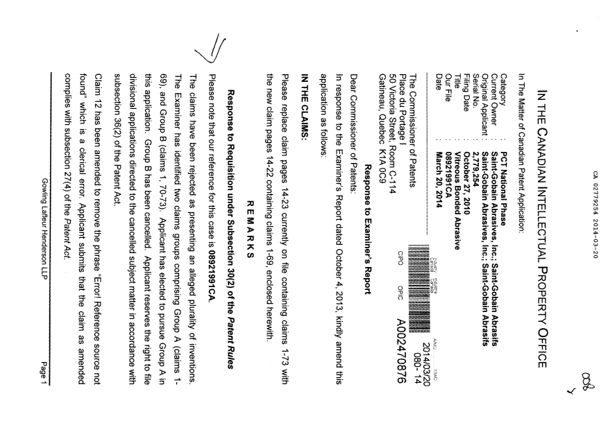 Document de brevet canadien 2779254. Poursuite-Amendment 20140320. Image 1 de 11