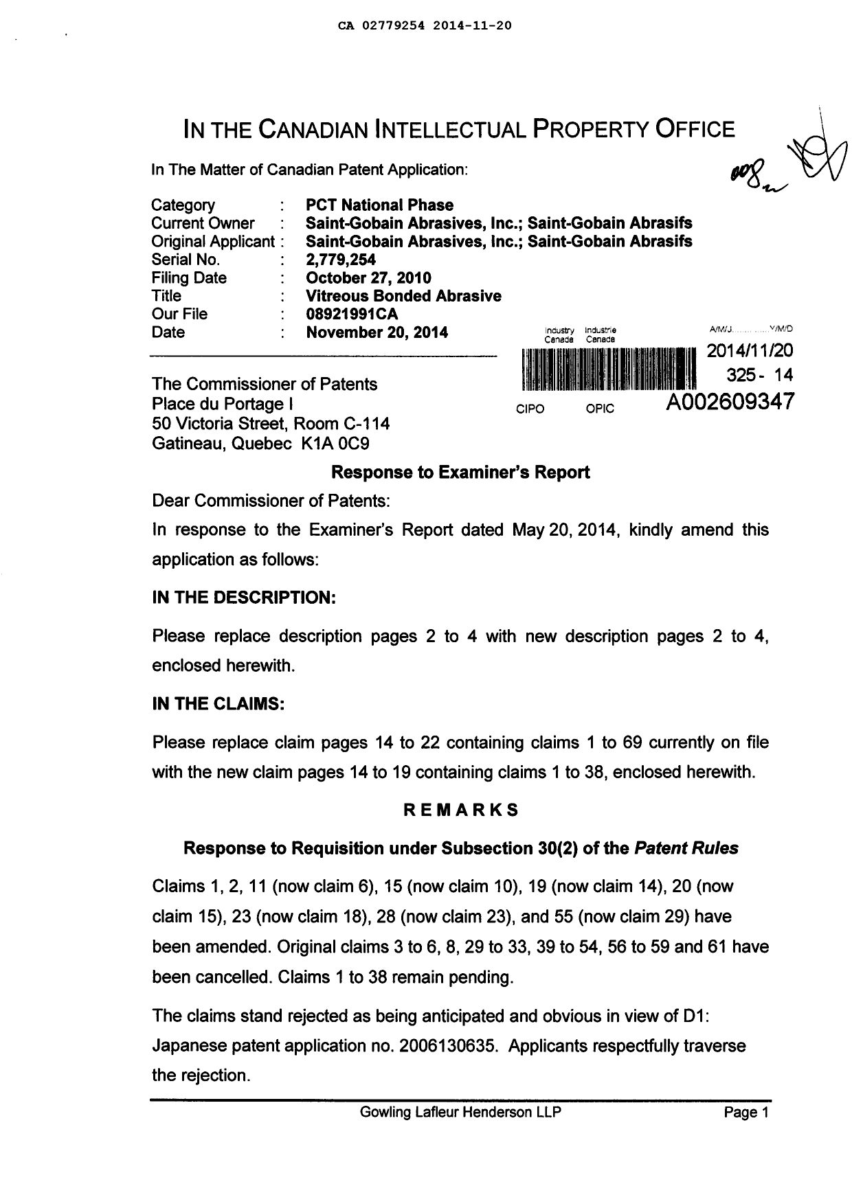 Document de brevet canadien 2779254. Poursuite-Amendment 20141120. Image 1 de 12