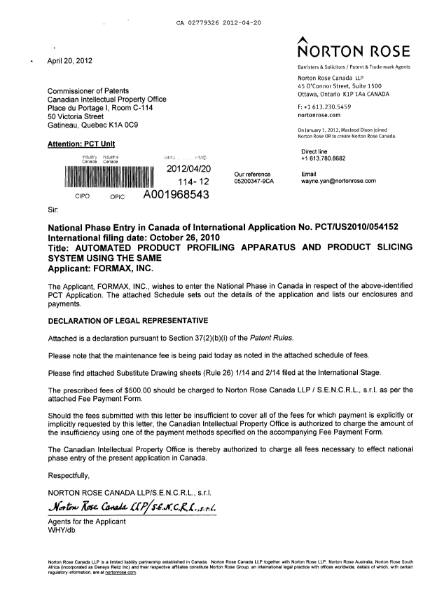 Document de brevet canadien 2779326. Cession 20120420. Image 1 de 4