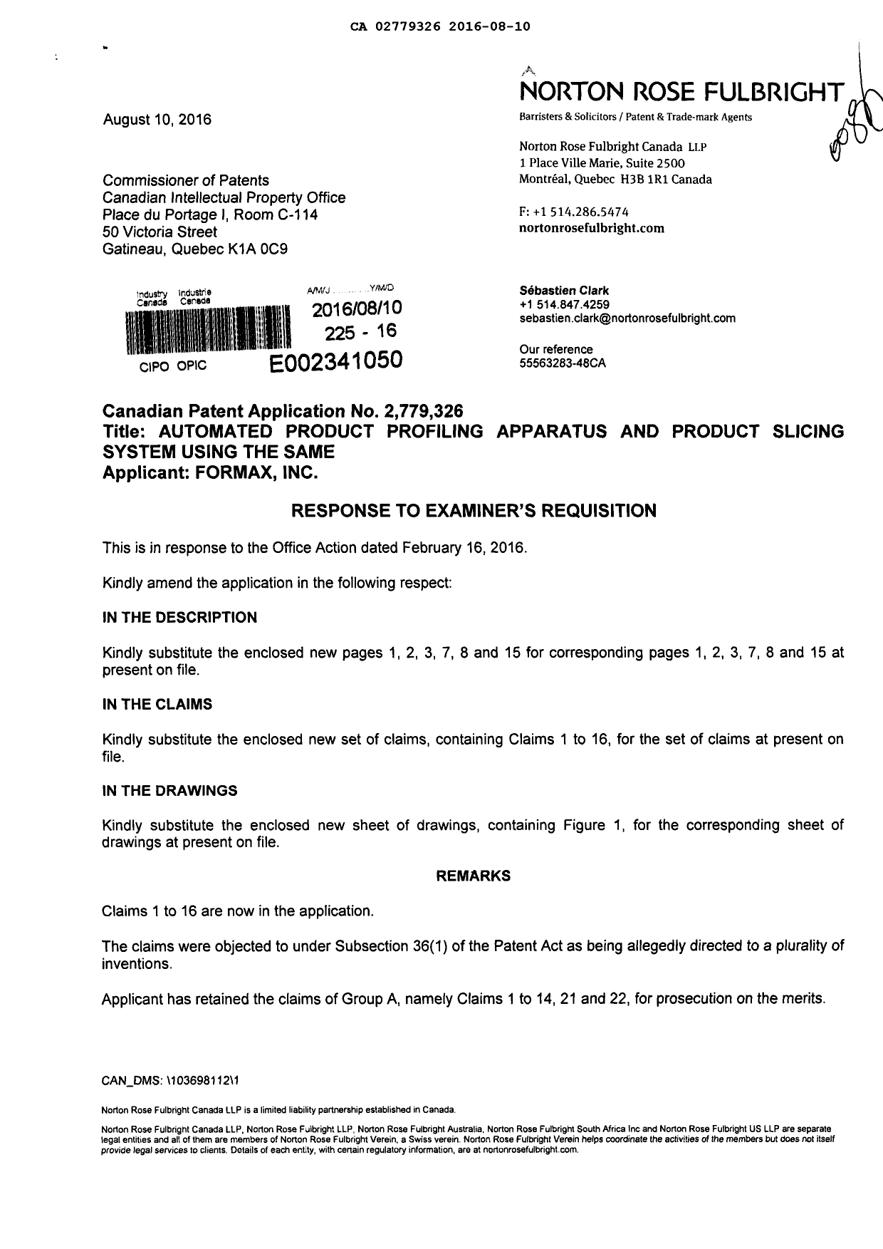 Document de brevet canadien 2779326. Modification 20160810. Image 1 de 15