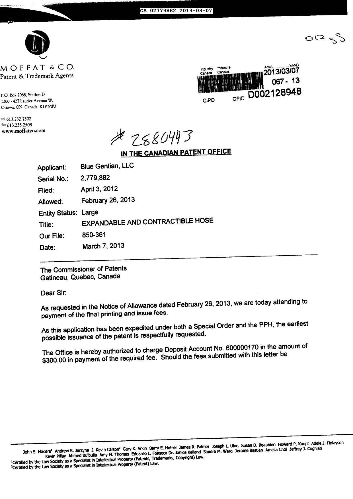 Document de brevet canadien 2779882. Correspondance 20130307. Image 1 de 2