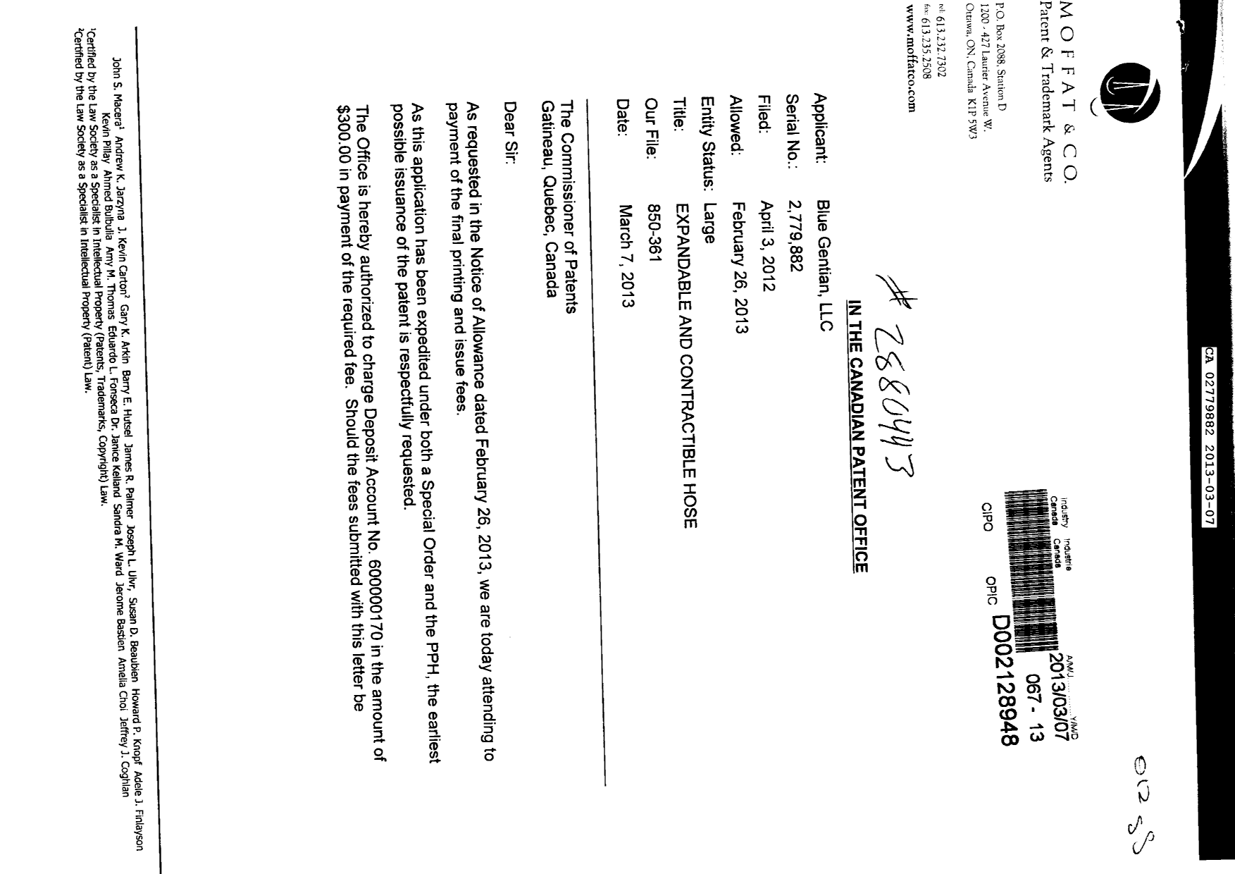 Canadian Patent Document 2779882. Correspondence 20130307. Image 1 of 2