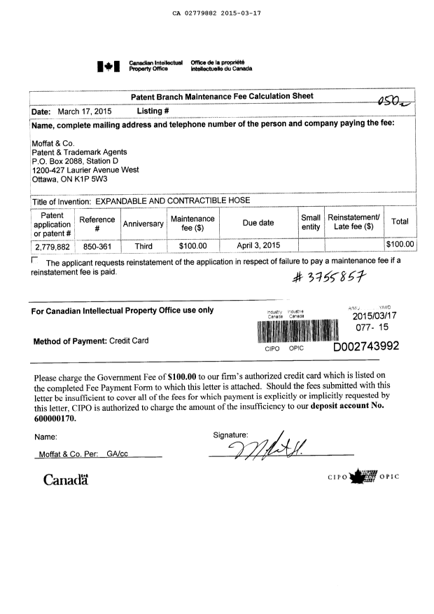 Document de brevet canadien 2779882. Taxes 20150317. Image 1 de 1