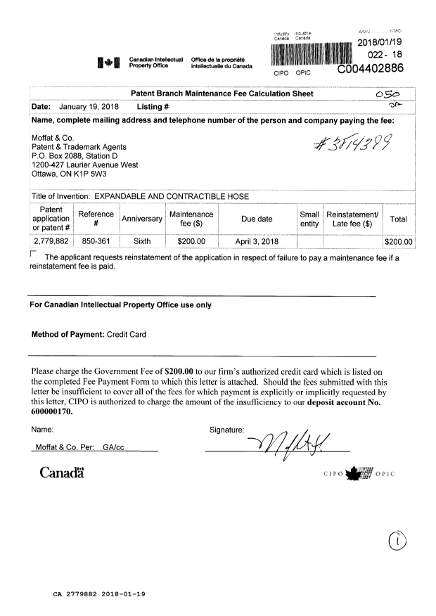 Document de brevet canadien 2779882. Paiement de taxe périodique 20180119. Image 1 de 1