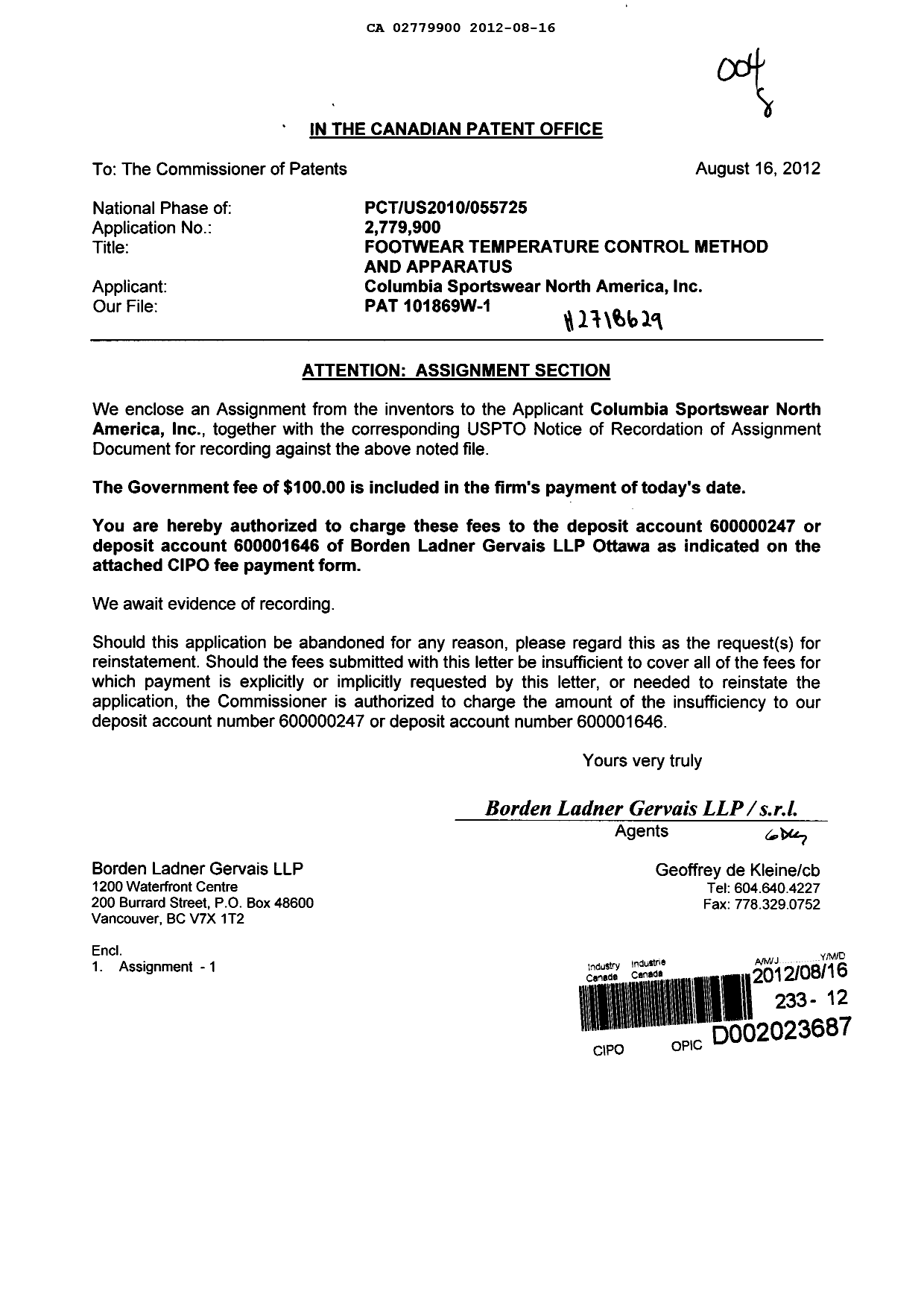 Document de brevet canadien 2779900. Cession 20120816. Image 1 de 5