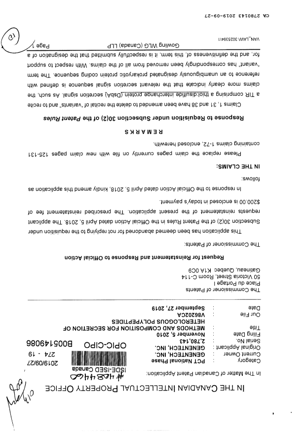 Canadian Patent Document 2780143. Amendment 20190927. Image 1 of 10