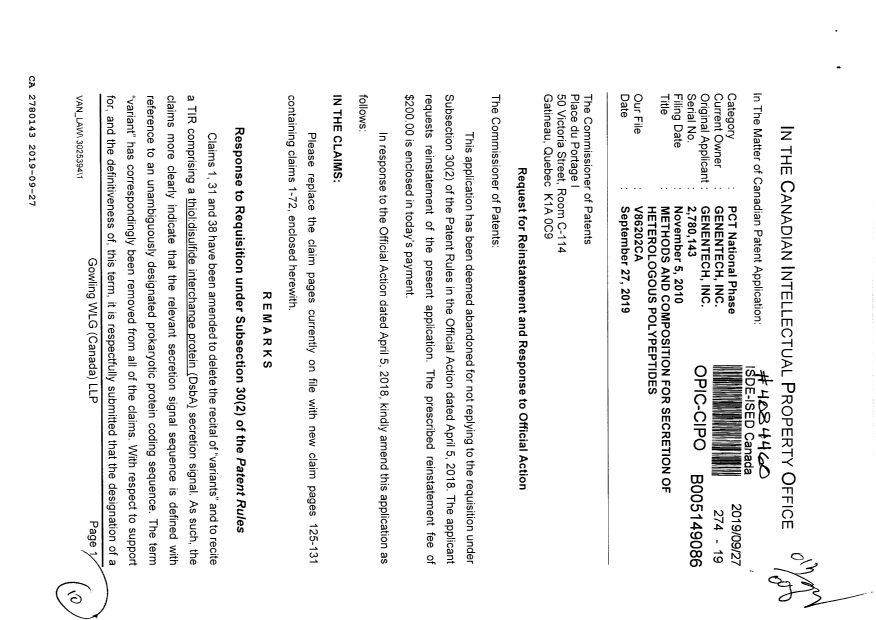 Document de brevet canadien 2780143. Modification 20190927. Image 1 de 10