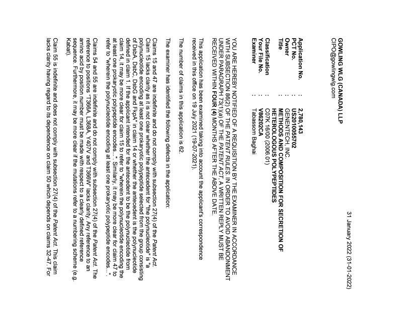 Document de brevet canadien 2780143. Demande d'examen 20220131. Image 1 de 3