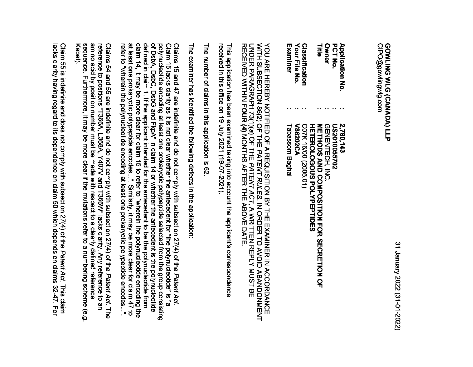 Canadian Patent Document 2780143. Examiner Requisition 20220131. Image 1 of 3