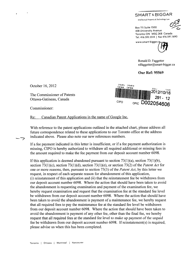 Document de brevet canadien 2780765. Correspondance 20121016. Image 1 de 8