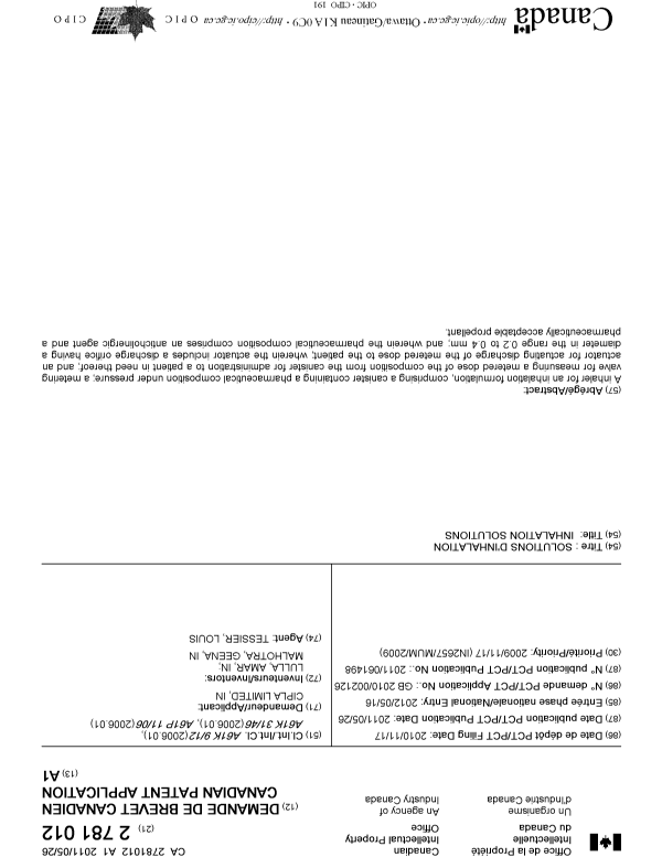 Document de brevet canadien 2781012. Page couverture 20120730. Image 1 de 1