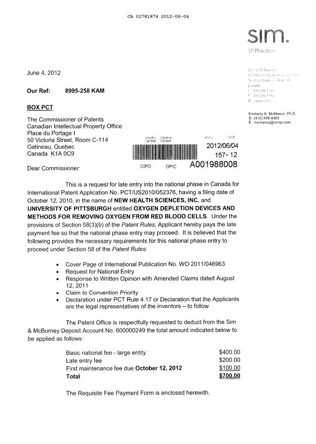 Document de brevet canadien 2781874. Cession 20120604. Image 1 de 6