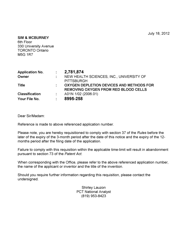 Canadian Patent Document 2781874. Correspondence 20120718. Image 1 of 1