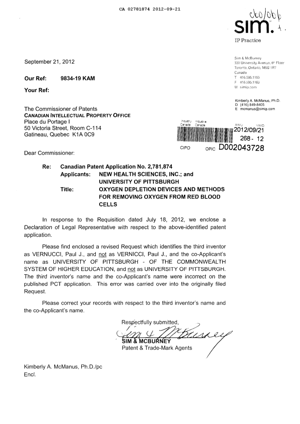 Canadian Patent Document 2781874. Correspondence 20120921. Image 1 of 4