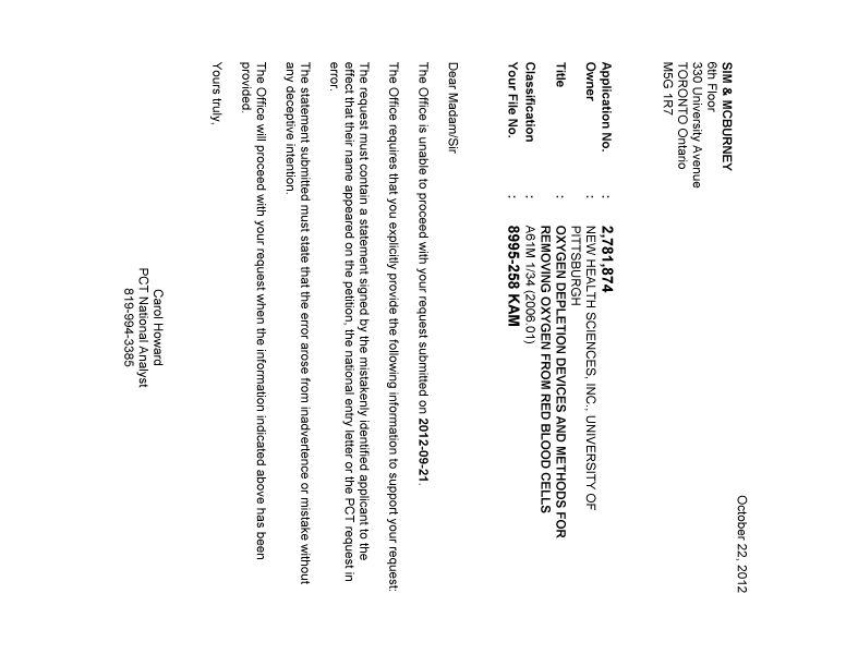 Canadian Patent Document 2781874. Correspondence 20121022. Image 1 of 1