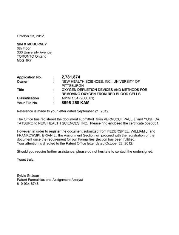 Canadian Patent Document 2781874. Correspondence 20121023. Image 1 of 1