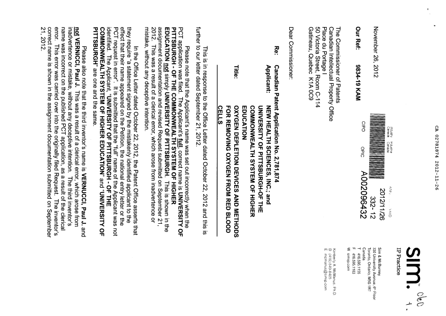 Canadian Patent Document 2781874. Correspondence 20121126. Image 1 of 2