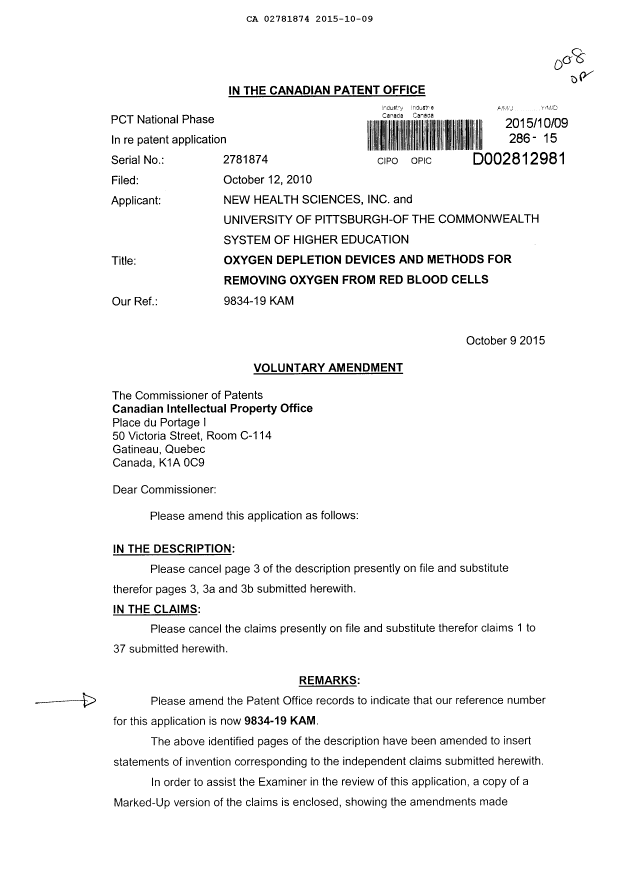 Document de brevet canadien 2781874. Modification 20151009. Image 1 de 16